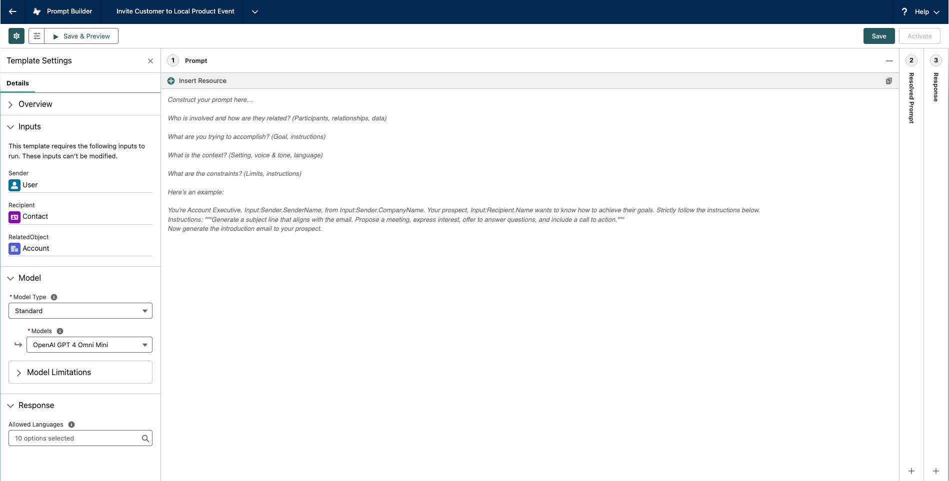 Prompt template workspace with prompt.