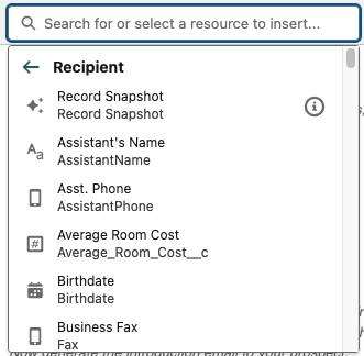 Selector de recursos que muestra los campos de combinación de destinatario disponibles.