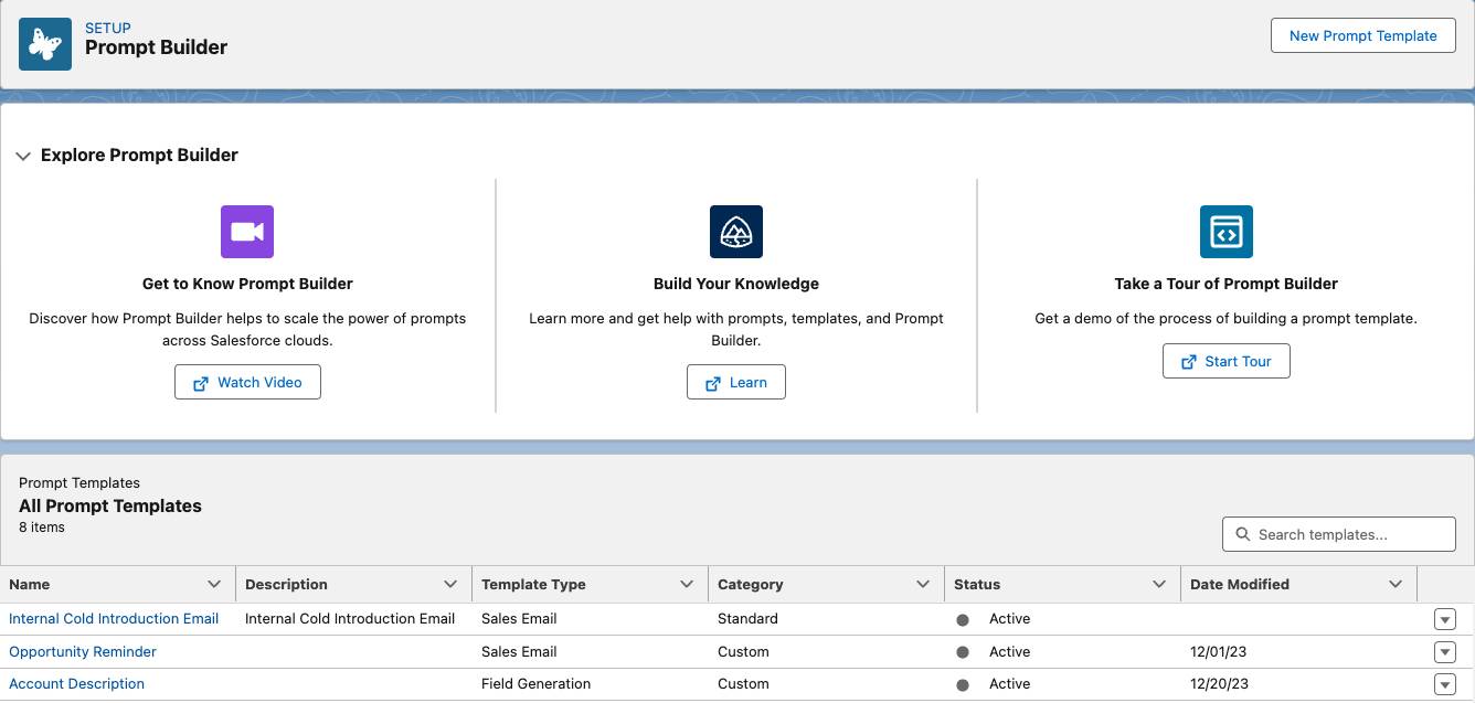 Página Explore Prompt Builder (Explorar o Criador de prompts).