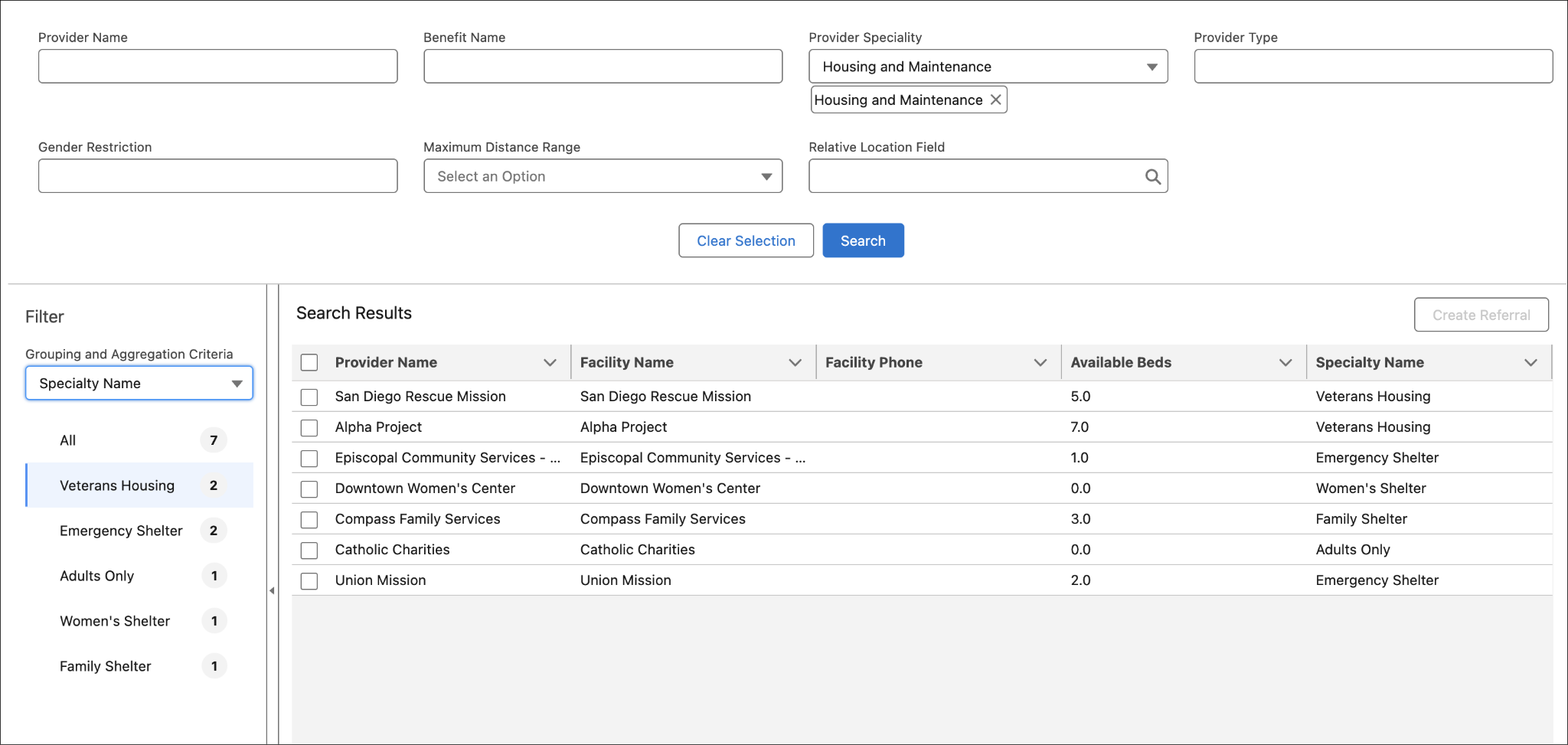 Provider Search screen with search criteria.