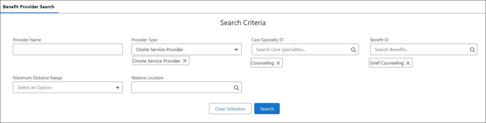 Benefit Provider Search screen with search criteria.