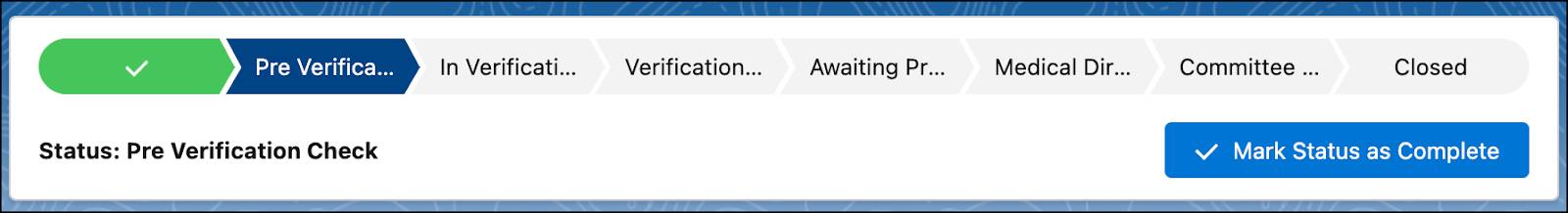 Workflow for credentialing case record with Pre Verification Check status in blue.