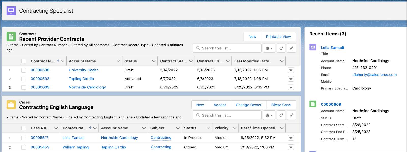 Contracting Specialist dashboard showing lists of recent provider contracts and English language contracting cases.