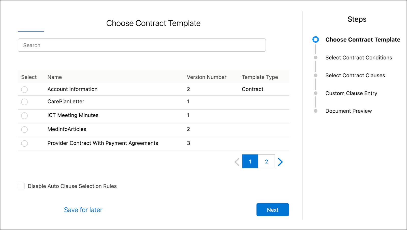 Choose Contract Template workflow