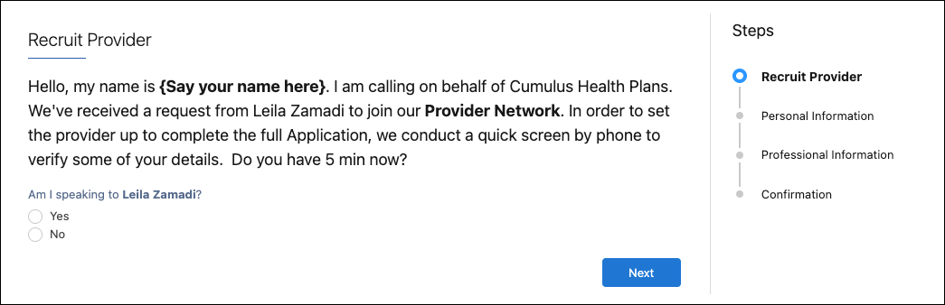 Recruit provider flow showing a call script