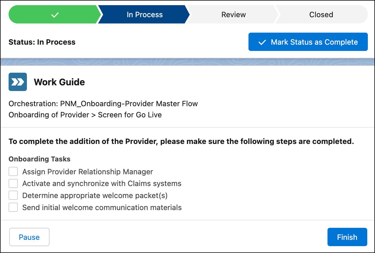 Work Guide containing a list of onboarding tasks.