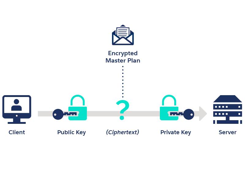 Diagram that shows how the public key encrypts data on the client side and decrypts it on the server side