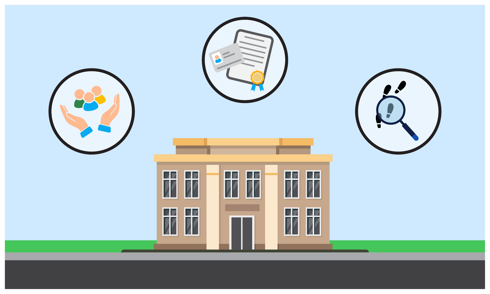 A government building surrounded by image bubbles illustrating different public sector agency services.
