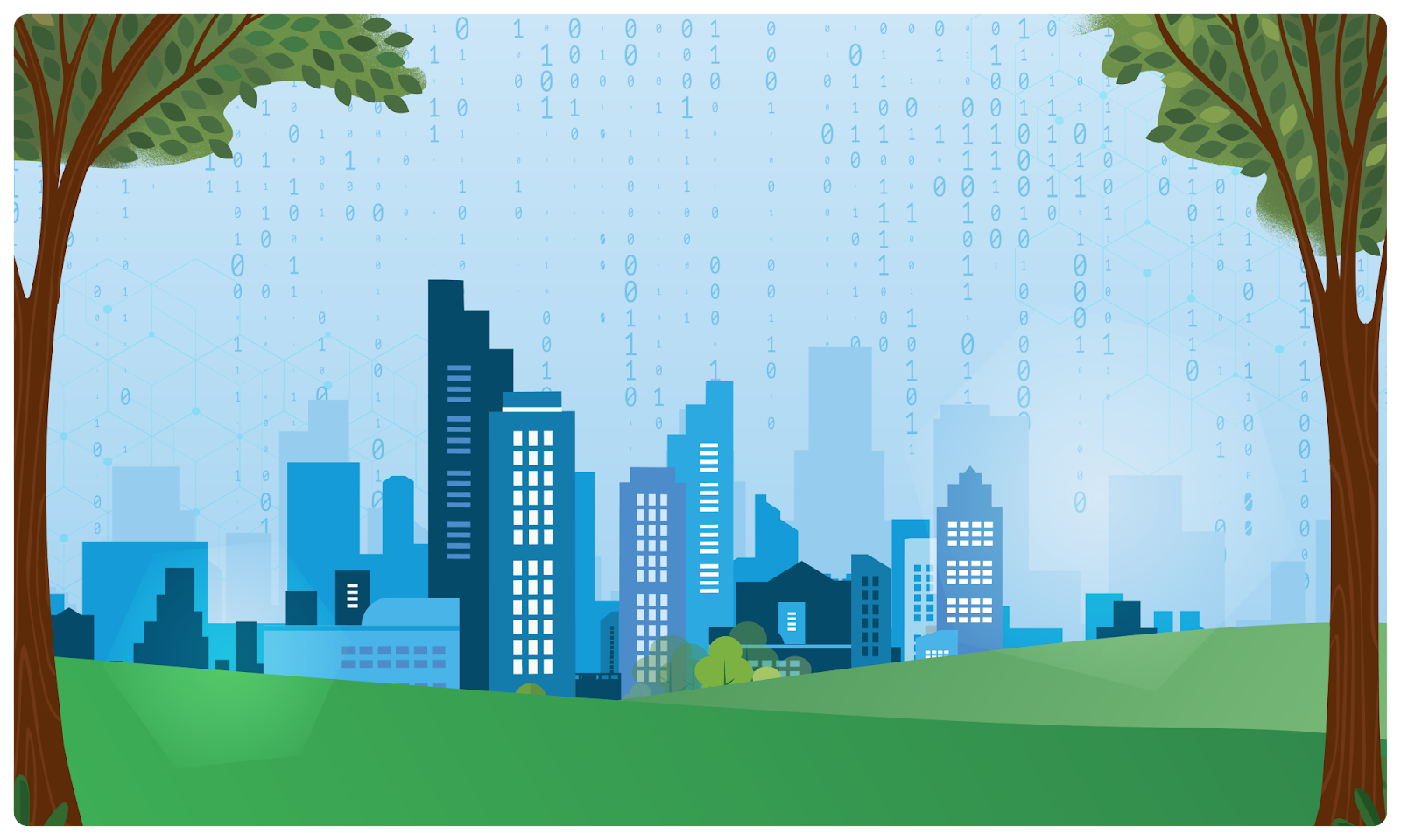 City skyline with floating binary data in the sky.