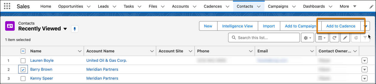 List view with Barry Brown checked and Add to Cadence highlighted.