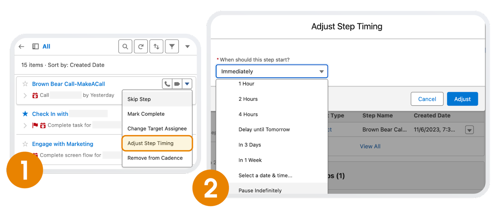 Adjust Step Timing accessed from the dropdown and the timing window that opens.