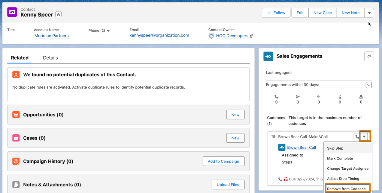 Remove from Cadence highlighted in the Sales Engagements component.