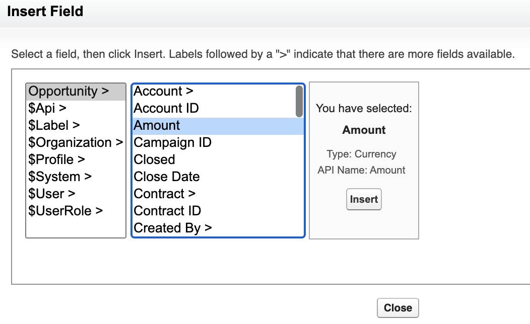 The Insert Field window displays a list of fields for the current object. Select a field and the Insert button is displayed.