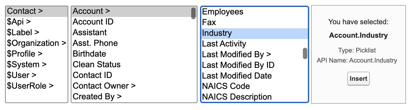 The Insert Field window corresponding to the preceding steps.