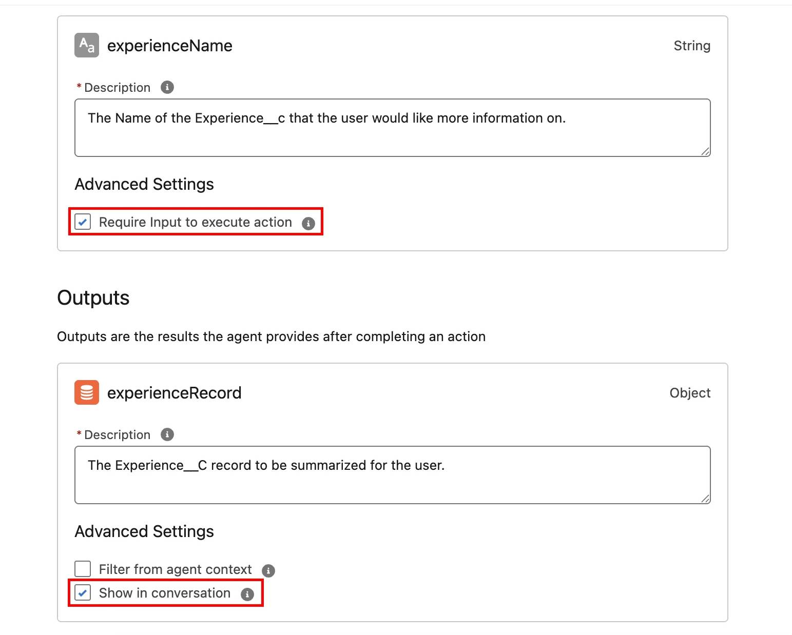 All necessary checkboxes checked in the Get Experience Details action.