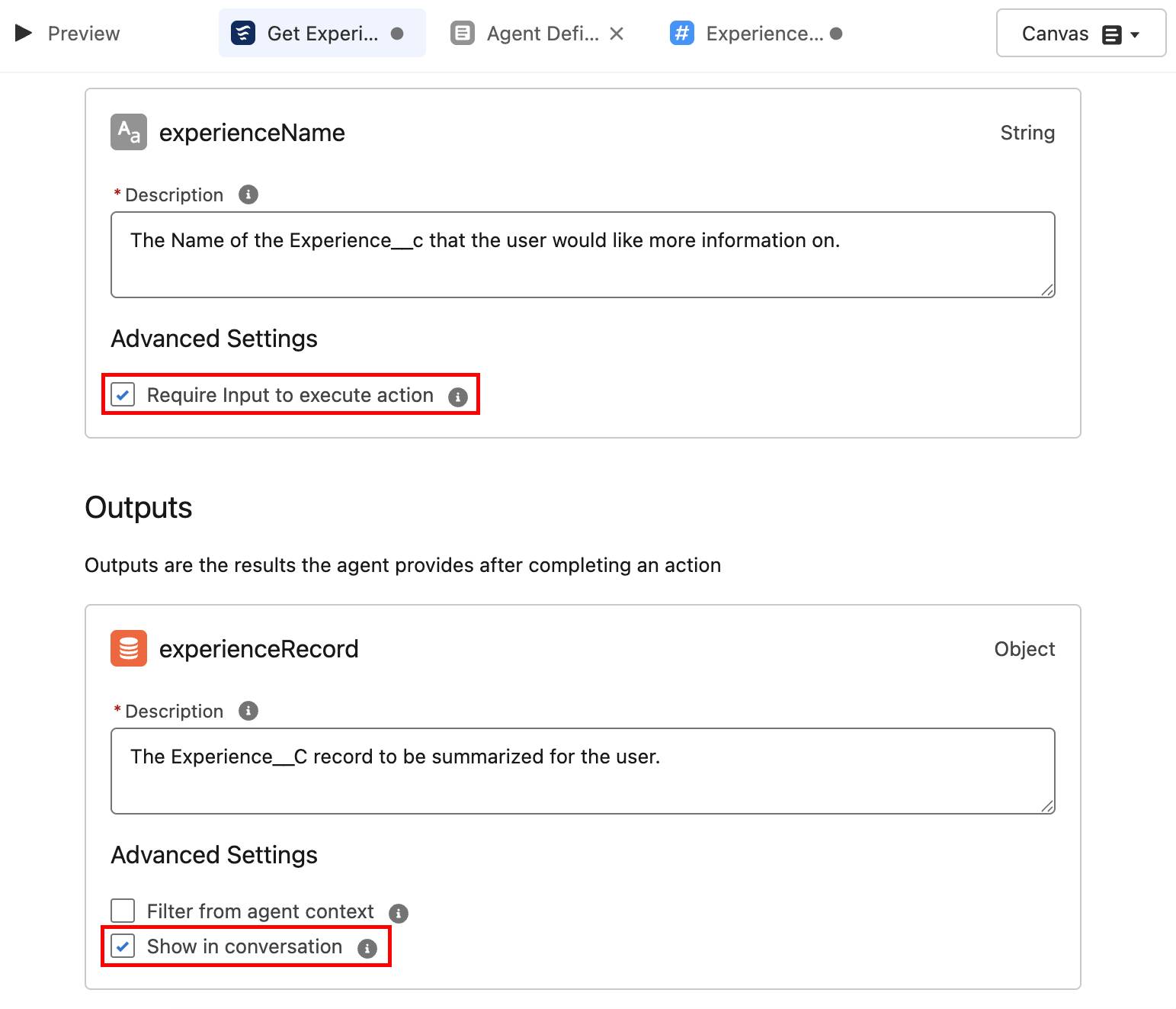 All necessary checkboxes checked in the Get Experience Details action.