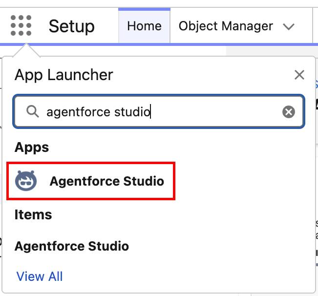 Agentforce Studio app highlighted in the App Launcher selector.
