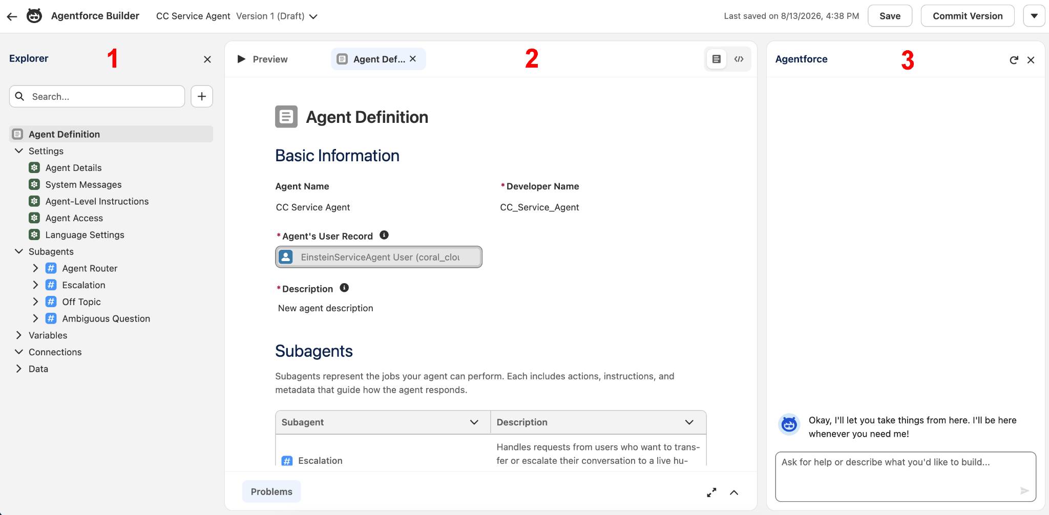 The Agentforce Builder showing the navigation, editor, and Agentforce Assistant panels.