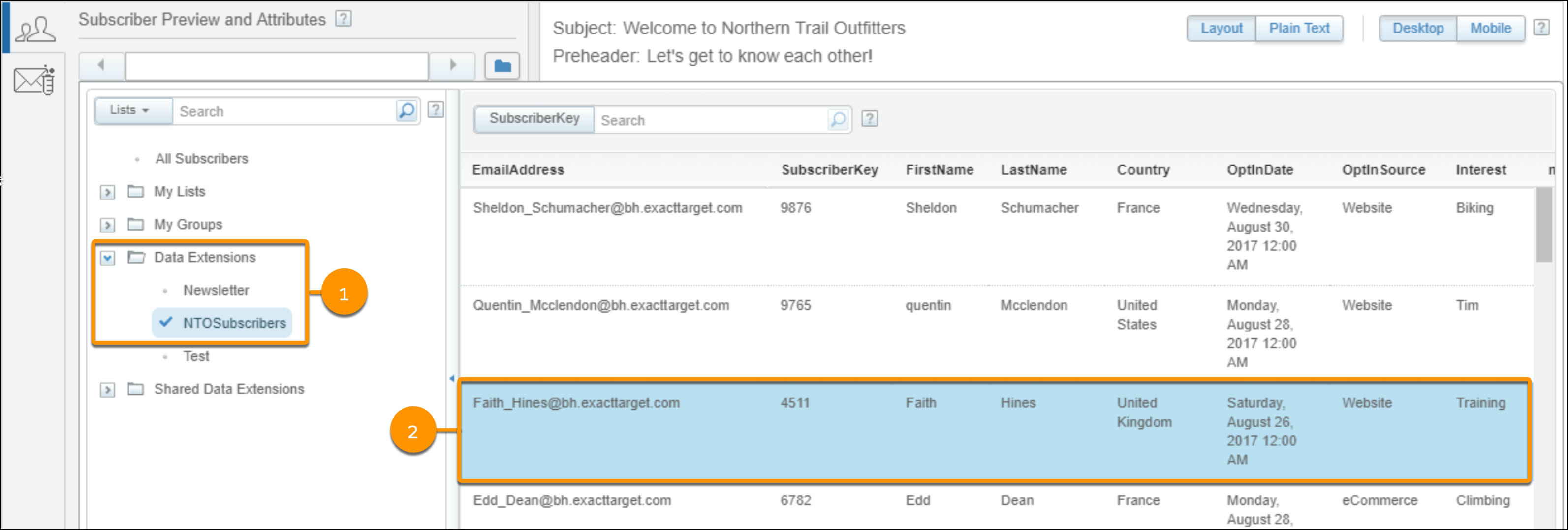 Screenshot mit Anzeige von 'Data Extensions', ausgewähltem NTOSubscribers, ausgewählter Faith Hines und der Schaltfläche 'Select (Auswählen)'.