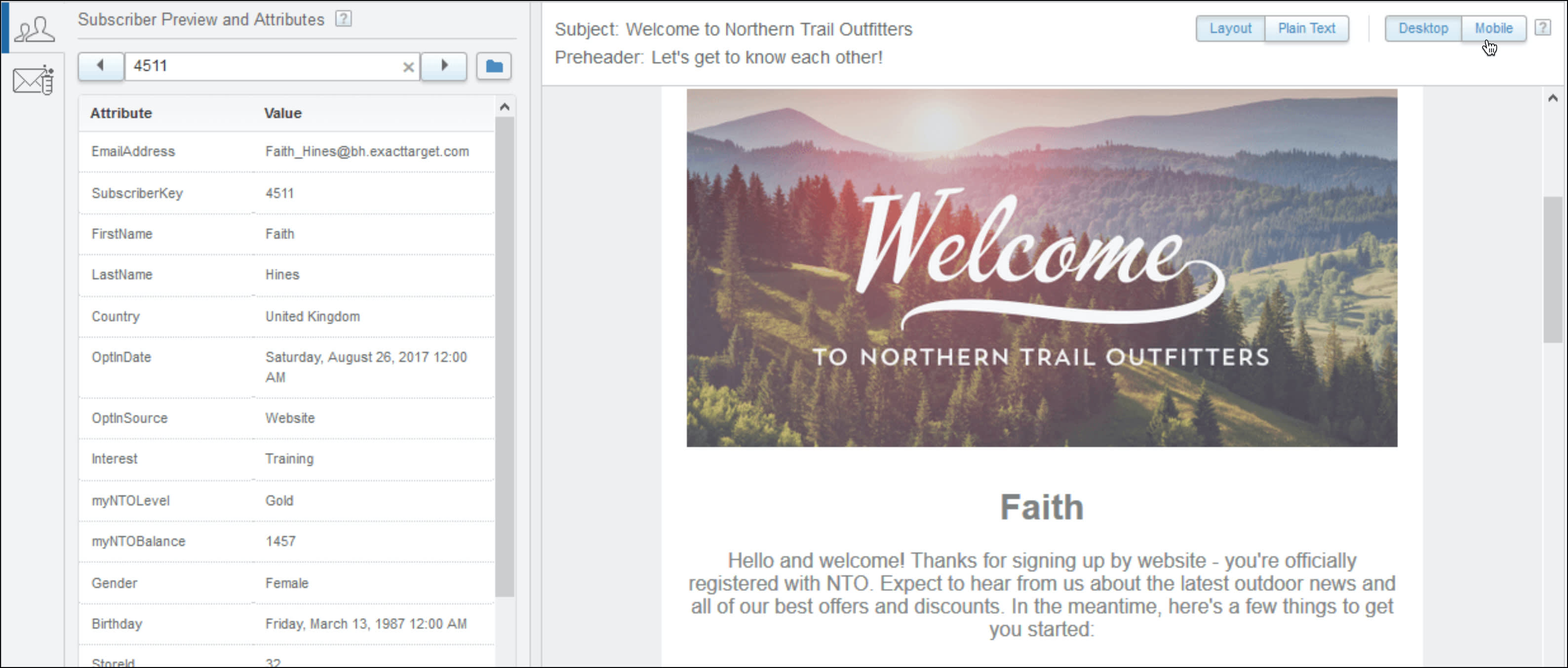 Écran d’aperçu mobile présentant l’e-mail destiné à Faith.
