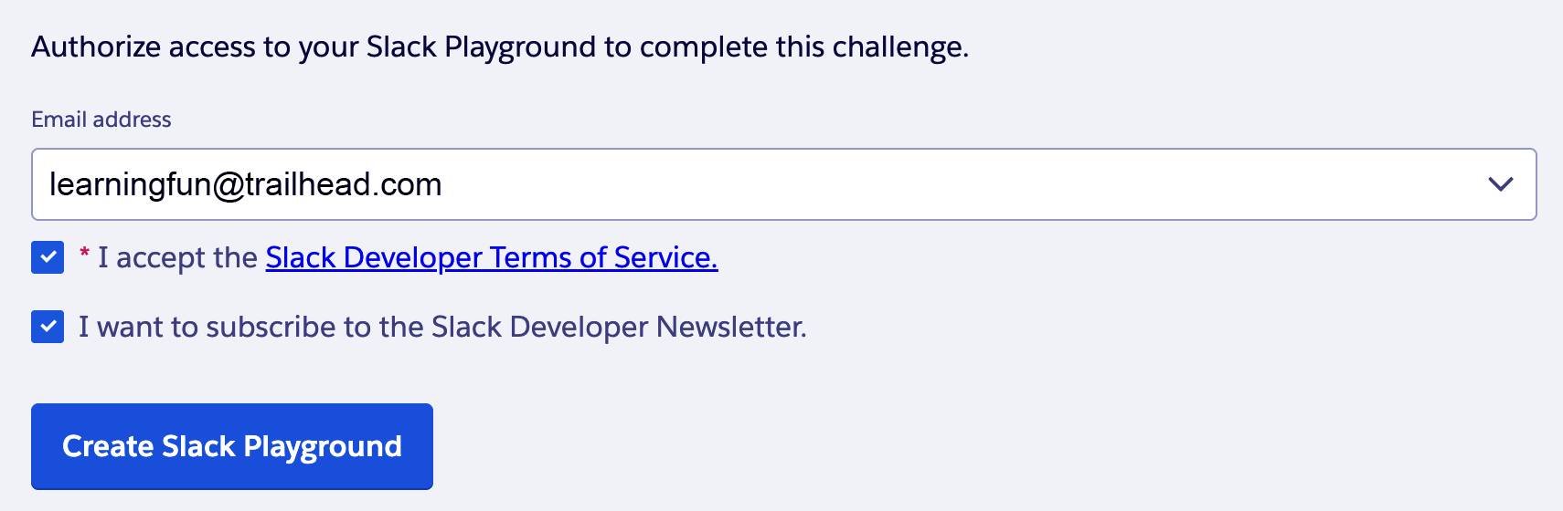 Authorization window for Slack Playground with email field, terms checkbox, and Create Slack Playground button.