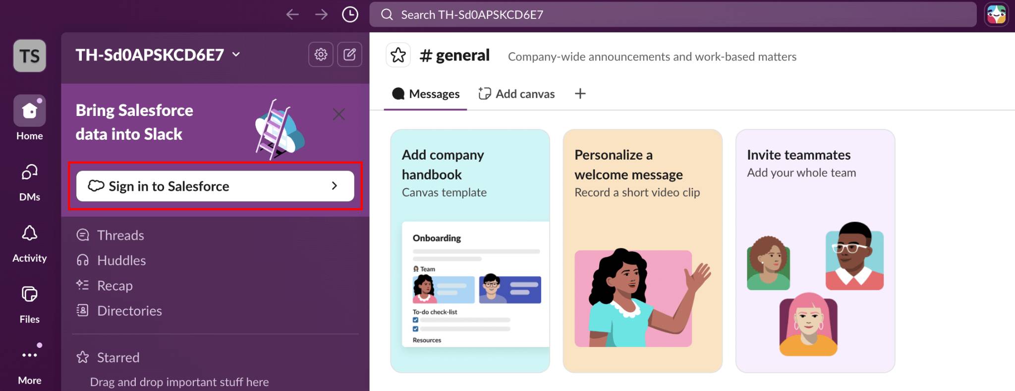 Slack interface with the Sign in to Salesforce button highlighted.
