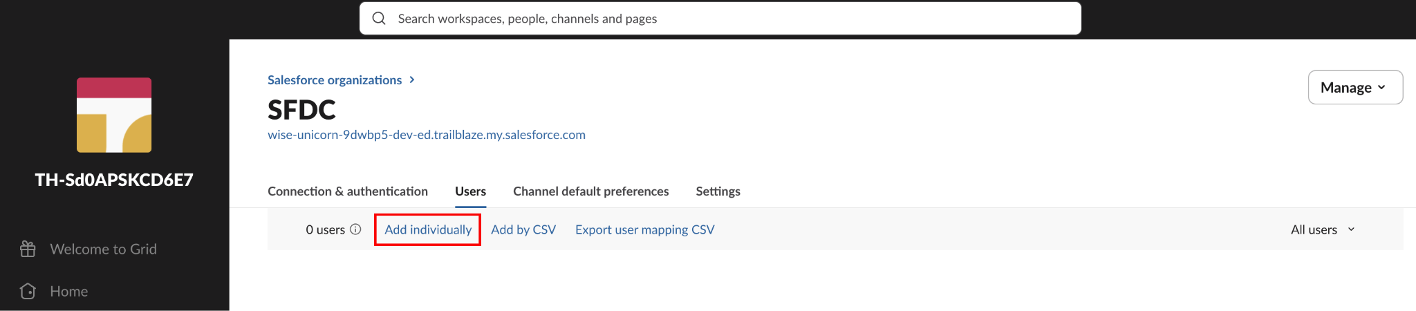 [Salesforce organizations (Salesforce 組織)] ウィンドウの [Users (ユーザー)] タブで強調表示されている [Add individually (個別に追加する)] リンク。