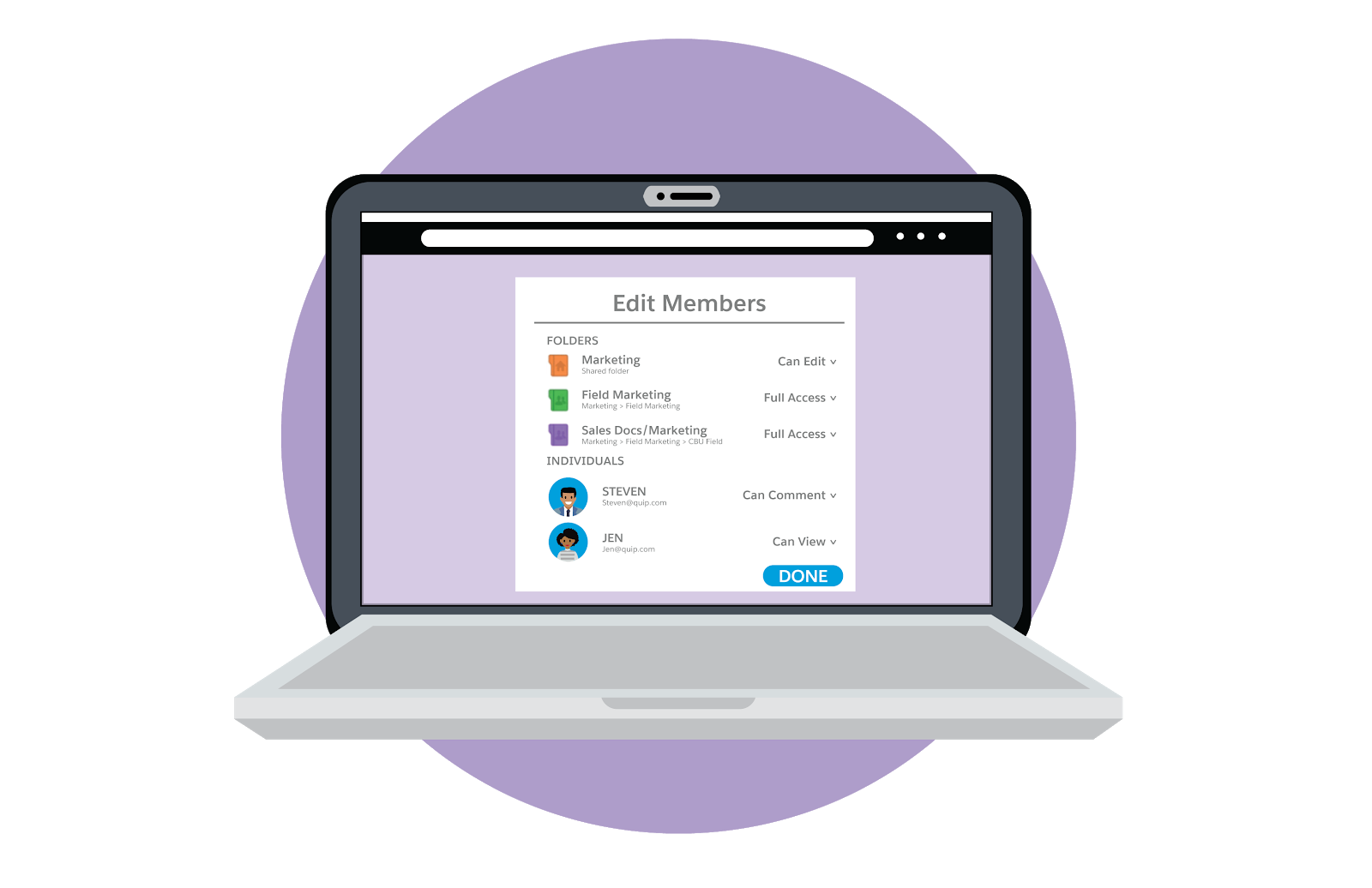 Laptop showing how to edit member permissions, including folders and individuals.
