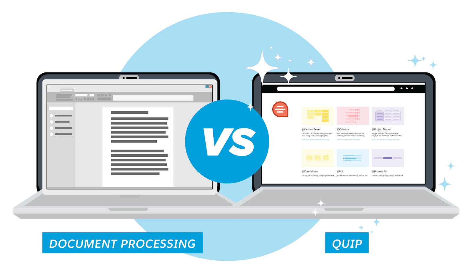 Two laptops, one with traditional document processing software and one with Quip, which is more colorful, modular, and user-friendly.