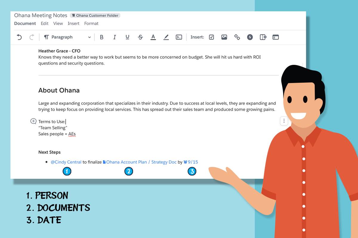 メンションの 3 か所に番号が付いている Quip 文書のスクリーンショット