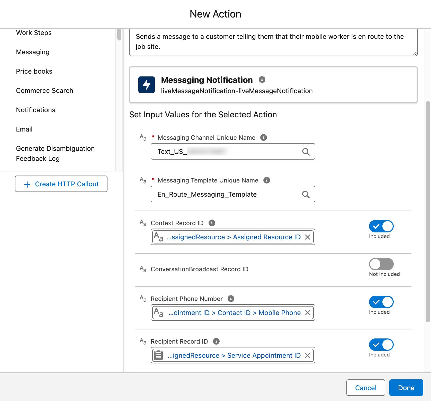 New Action dialog with the values filled in