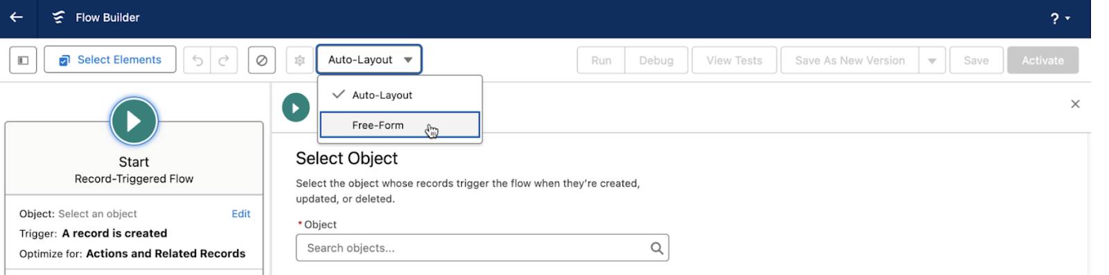 Flow Builder における [Freeform (自由形式)] への [Auto-Layout (自動レイアウト)] 設定の変更