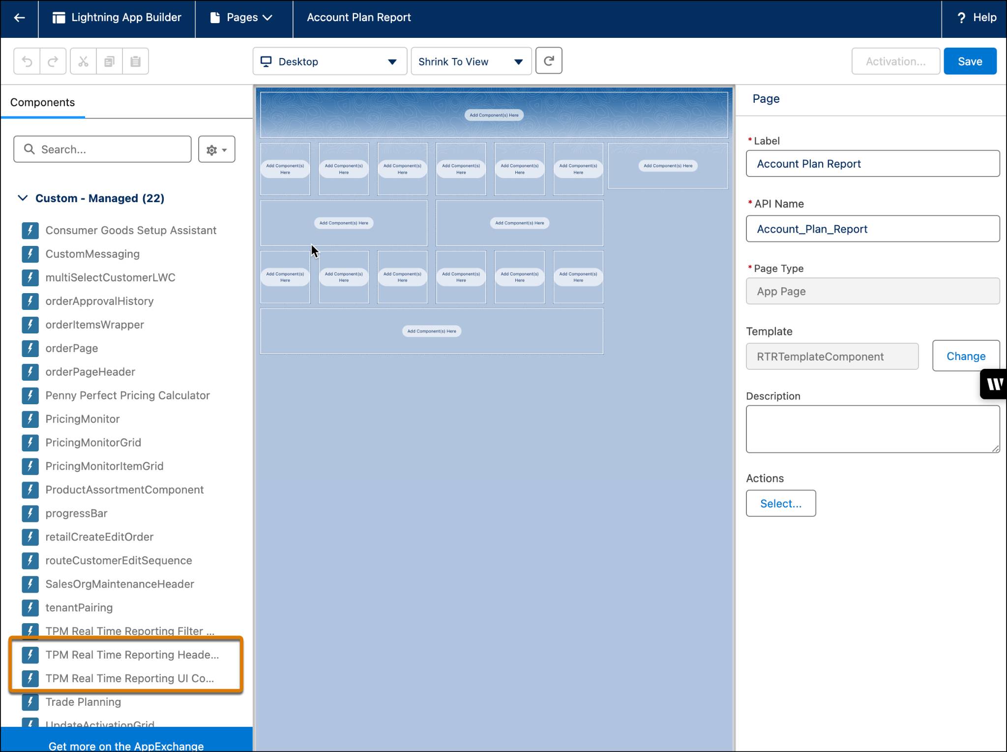 Lightning App Builder page with the RTR components to be dragged on to the RTR app.
