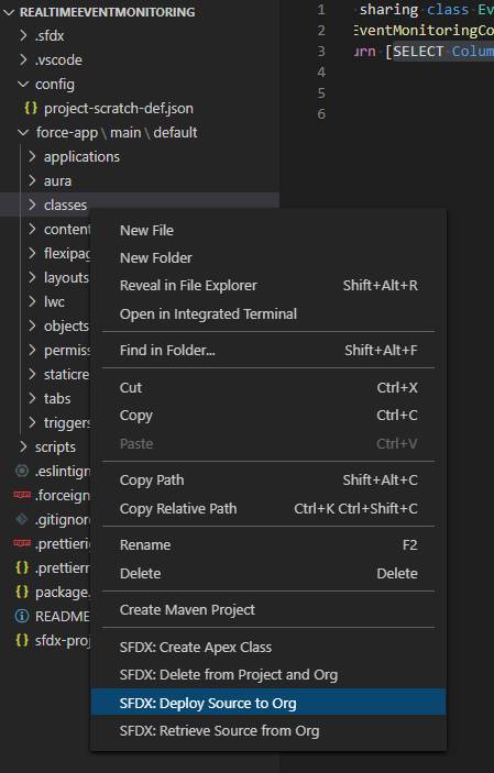 With the classes folder right-clicked, SFDX: Deploy Source to Org is selected in the options list.