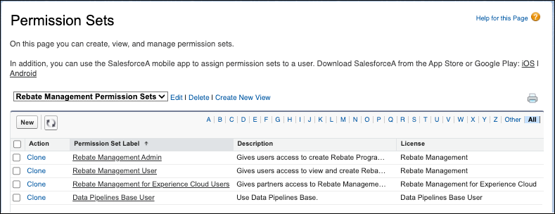 The page in Setup showing permission sets for Rebate Management