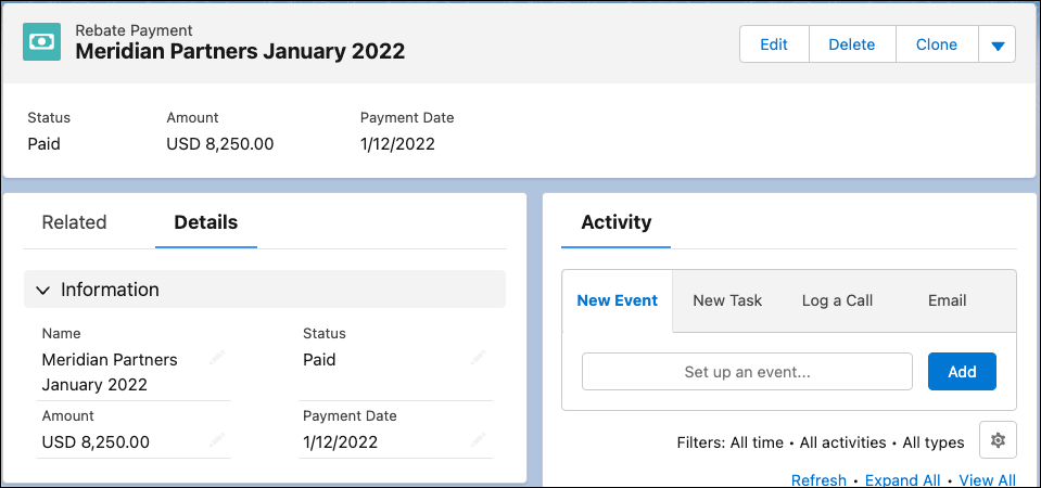 The Rebate Payment record showing Meridian Partners’ payout