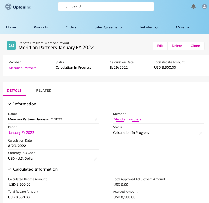 A Rebate Program Member Payout record for Meridian Partners on the Experience Cloud portal