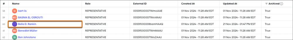 A list of archived users with a user’s name highlighted to show the link to the user profile page.