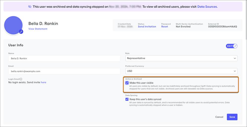 This user’s profile is archived, and the Make this user visible checkbox is selected to activate it.