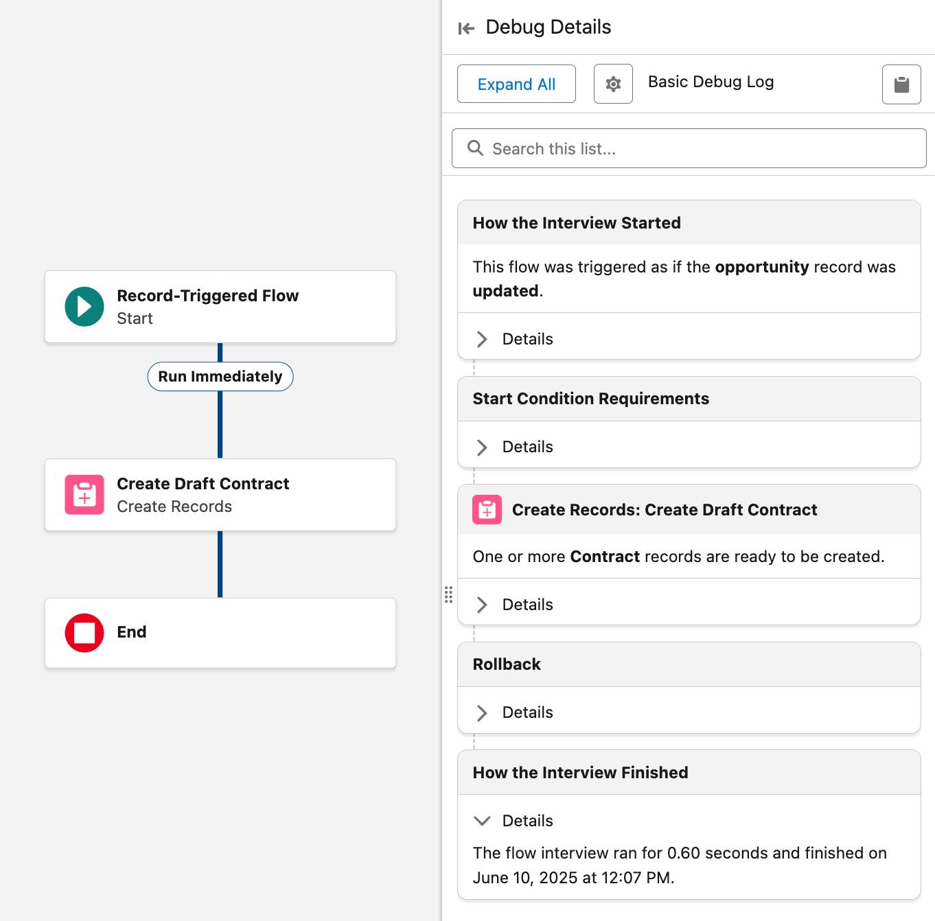 The Debug screen displays the flow diagram, debugging details, and Completed status.