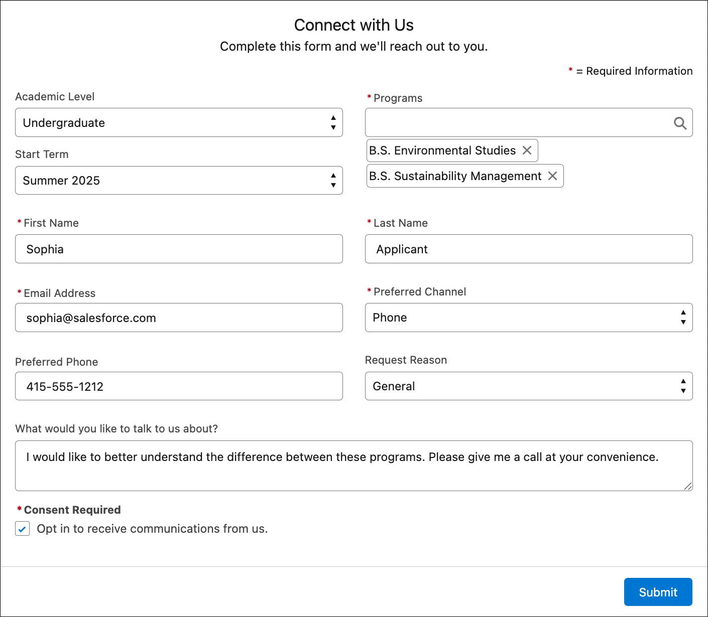 出願者ポータルの Connect with Us (相談予約) フォーム。