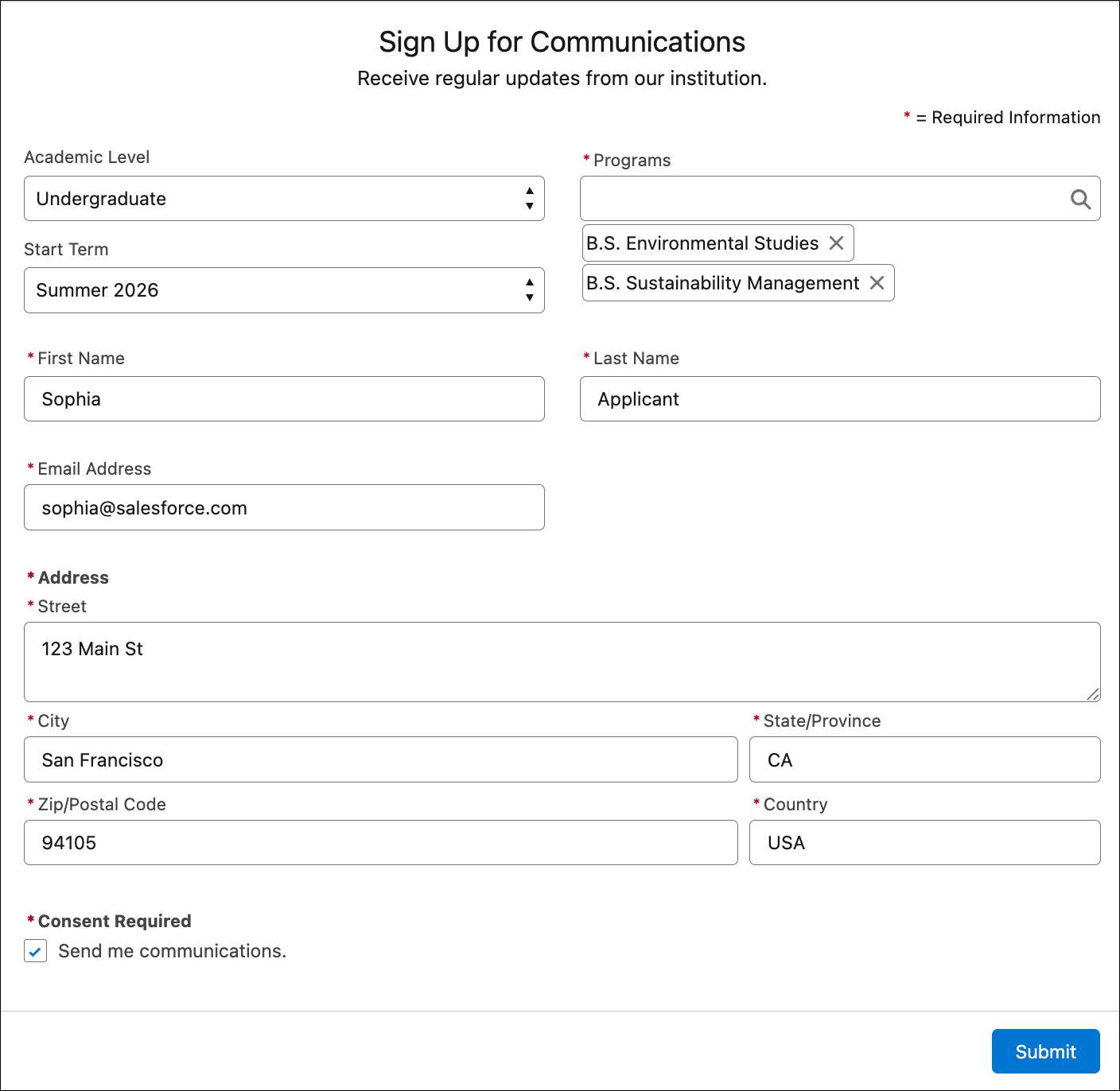出願者ポータルの Sign Up for Communications (情報配信登録) フォーム。