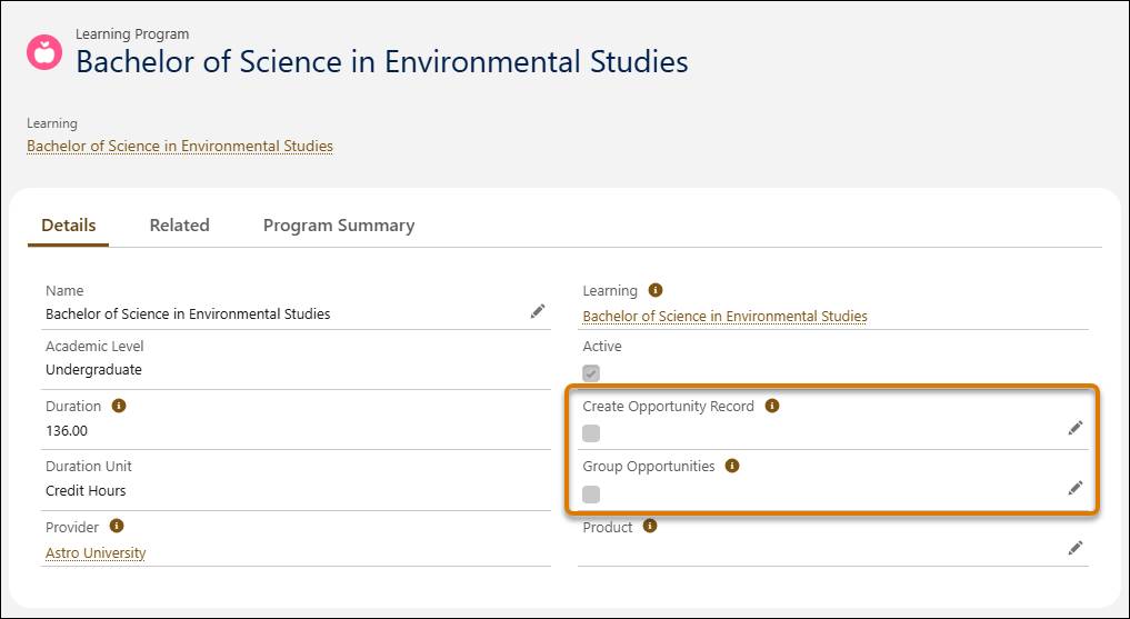 学習プログラムレコードの Create Opportunity Record (商談レコードの作成) 項目と Group Opportunities (商談のグループ化) 項目。