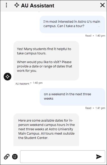 The campus tour conversation with the Student Recruitment Agent.