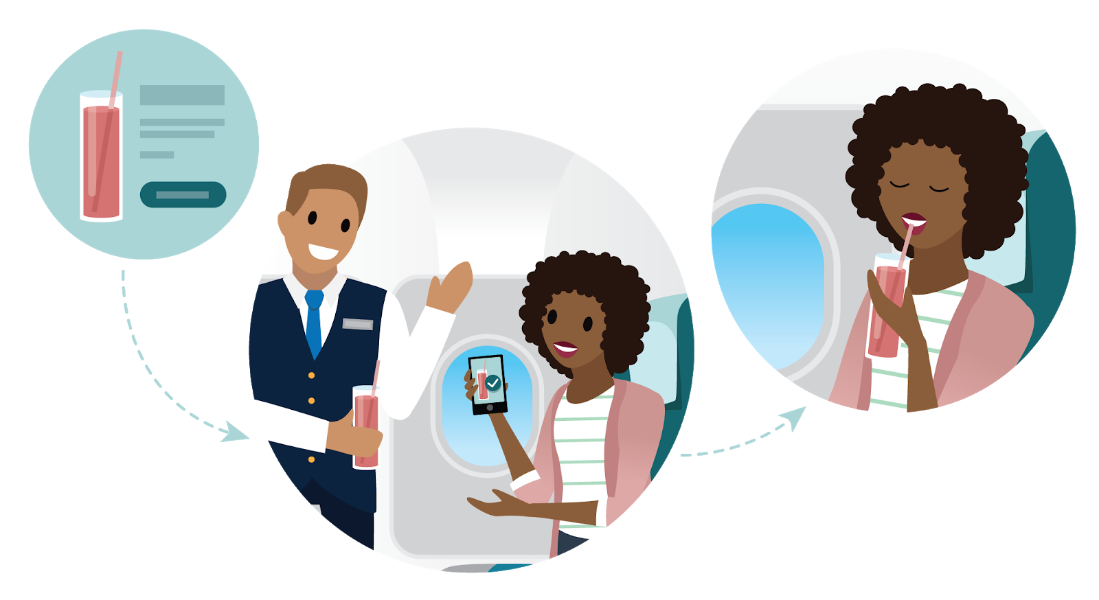 A flight attendant brings a passenger the requested beverage/
