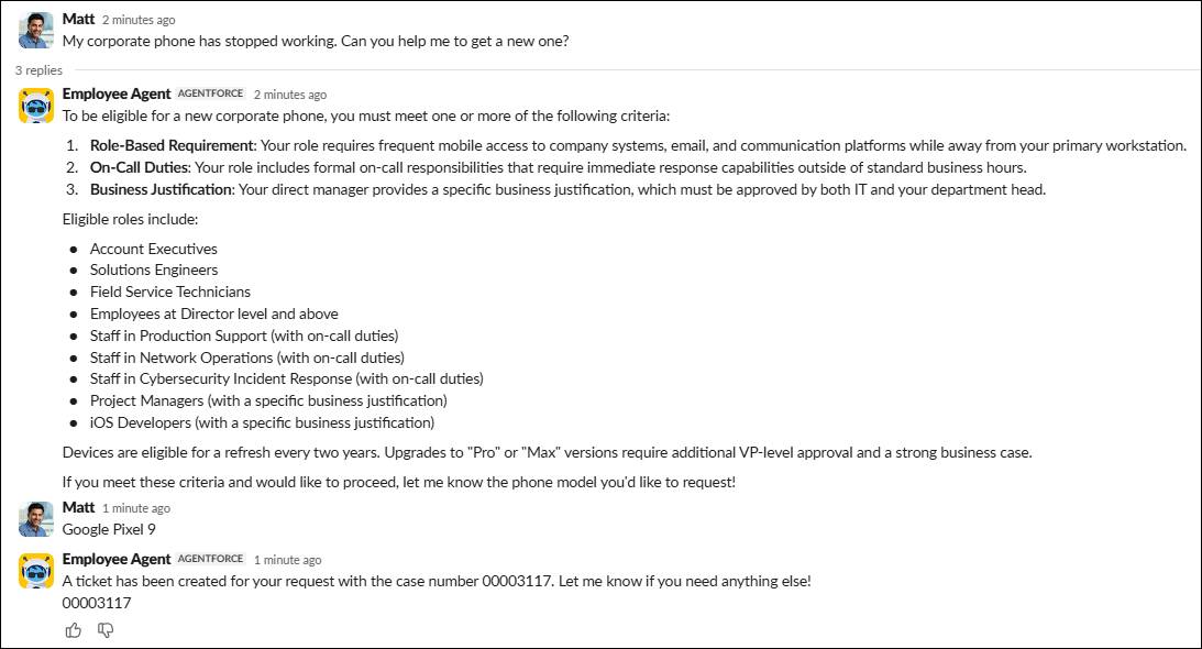 Slack conversation with the Employee Agent.