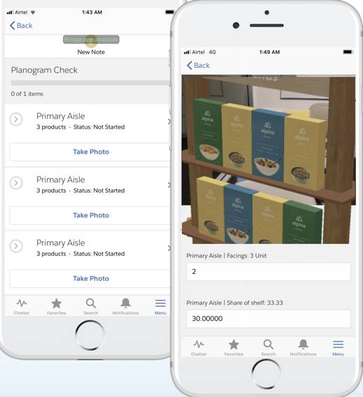 Planogram Check task page with a shelf visual in the mobile application.