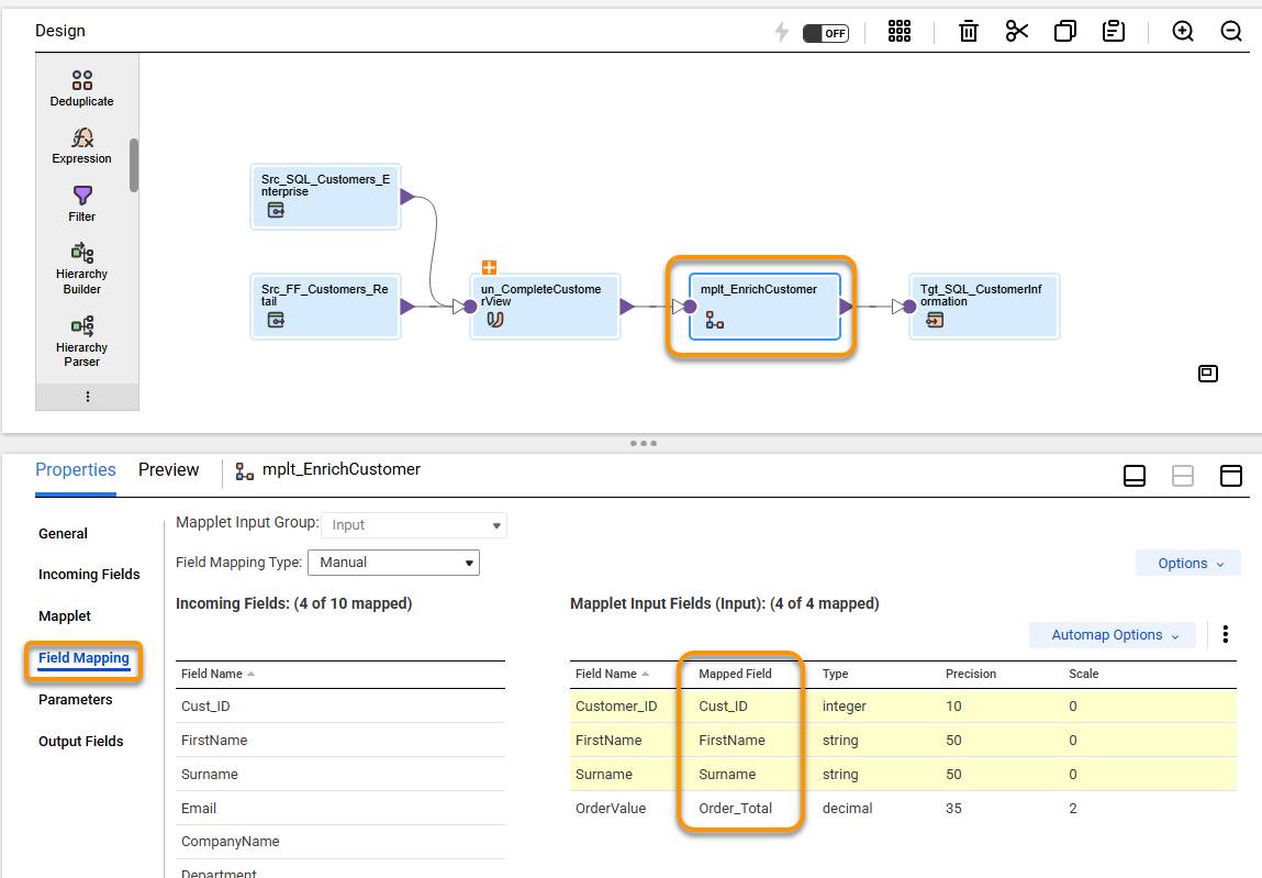 An image of a Mapping with a selected prebuilt mapplet and field mapping configuration mapping customer ID, Firstname, Surname and Order_Total.