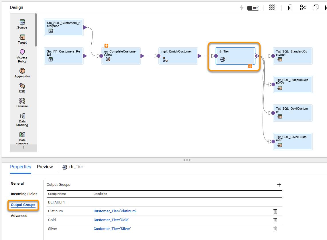 Mapping Configured with a Router Transformation writing customer records to 4 targets based on their Customer Tier rating.