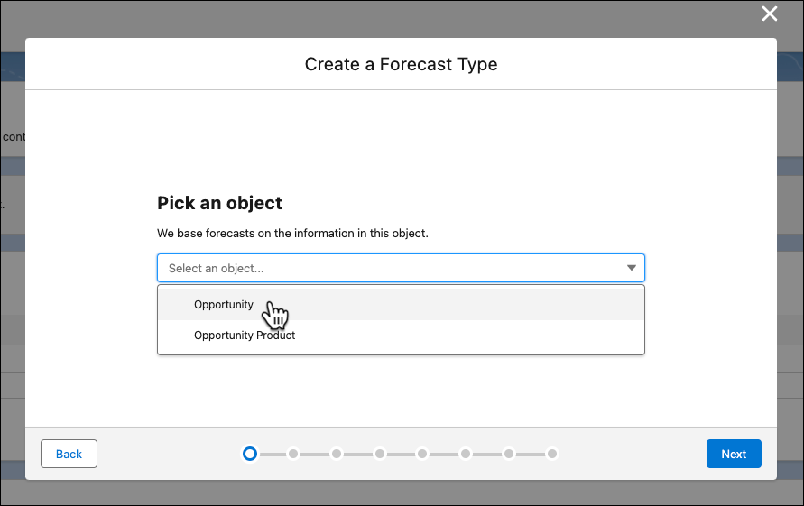 Cuadro de diálogo Create a Forecast Type (Crear un tipo de pronóstico) con el menú desplegable de selección de objetos abierto.